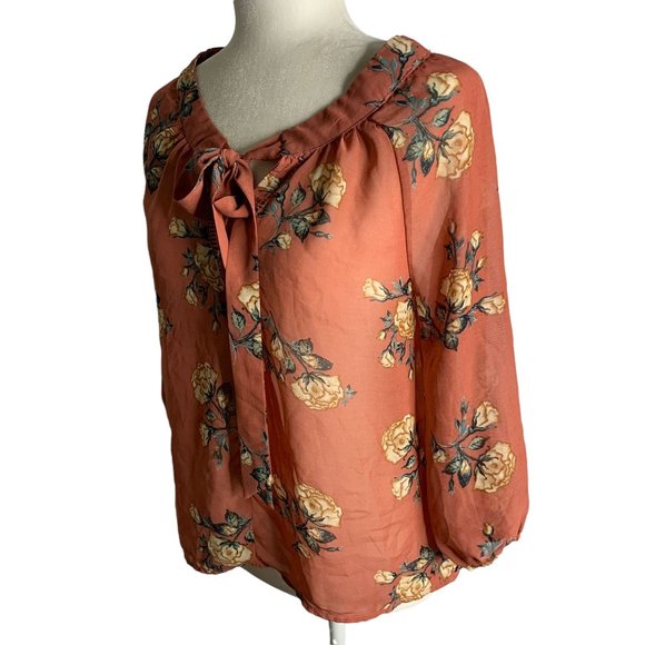 Milk & Honey Boho Floral Blouse M Dark Pink Tie Neck Sheer Balloon Sleeves - Picture 4 of 7